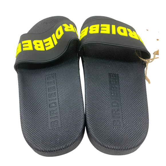 NEW Birdibee Double BB Women's Sz 8 Black Rubber Spellout Slide Pool Sandals NWT - Picture 4 of 8